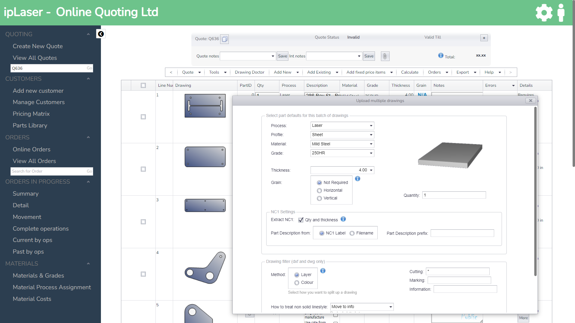 Screenshot of ipLaser, the laser cutting quoting software