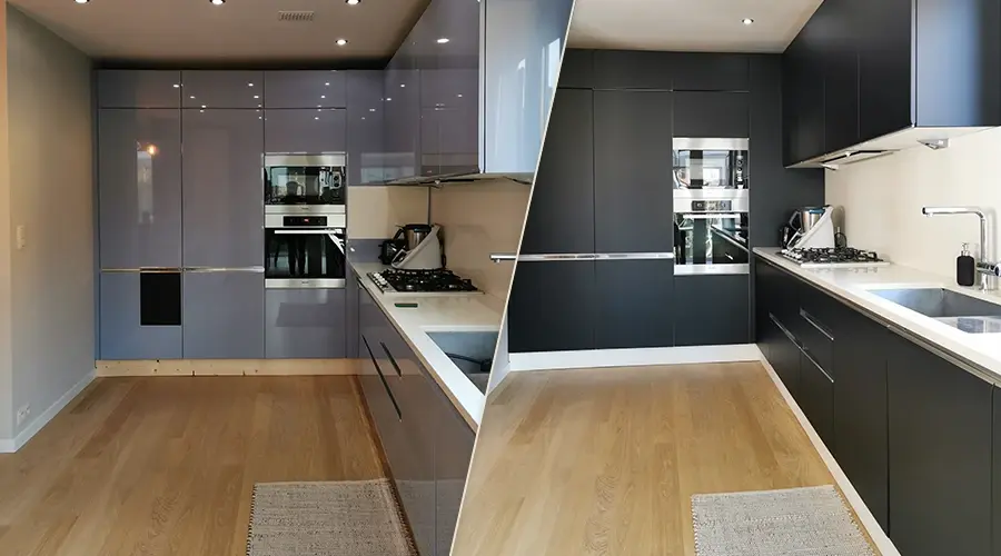 Kuchnia przed i po – po lewej jasne, błyszczące fronty, po prawej elegancka kuchnia w matowym grafitowym wykończeniu z kontrastującymi elementami. Metamorfoza wykonana dzięki oklejaniu mebli folią Cover Styl, która nadaje wnętrzu nowoczesny i spójny styl. Przykład profesjonalnej renowacji kuchni folią.