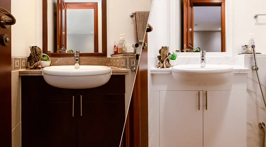 Zdjęcie typu przed i po prezentujące renowację mebla łazienkowego przy użyciu folii Cover Styl. Po lewej stronie znajduje się szafka pod umywalką w ciemnym, czerwono-brązowym drewnie z klasycznym wykończeniem. Po prawej stronie efekt po renowacji – minimalistyczna biała szafka o gładkiej powierzchni, która optycznie rozjaśnia wnętrze łazienki i nadaje mu nowoczesny charakter. Metamorfoza pokazuje, jak oklejanie mebli folią pozwala szybko zmienić styl wyposażenia bez wymiany zabudowy. To przykład omawiany podczas szkoleń z oklejania mebli oraz webinarów prezentujących profesjonalną renowację mebli folią architektoniczną.