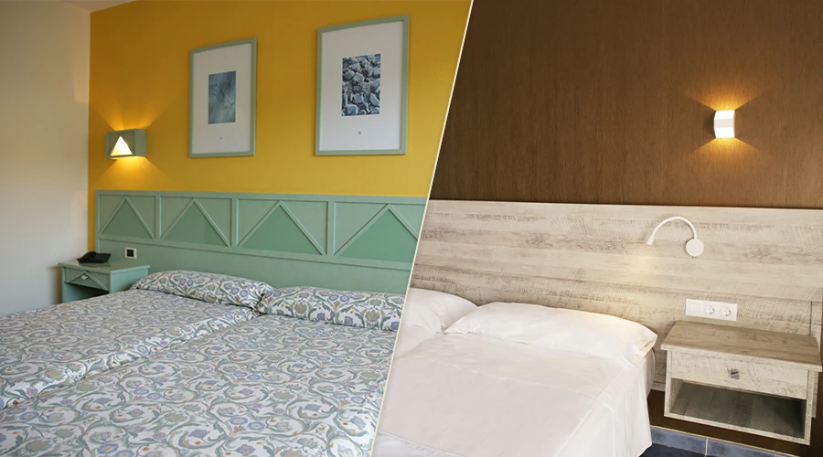 Porównanie wnętrza sypialni przed i po zastosowaniu folii architektonicznych. Po lewej stronie klasyczna aranżacja w neutralnych kolorach bez wyraźnych akcentów dekoracyjnych. Po prawej stronie efekt renowacji – nowoczesne połączenie ciepłego drewna z intensywnym, musztardowym kolorem ściany oraz tapicerowanym panelem w odcieniu zieleni. Dzięki wykorzystaniu folii architektonicznych możliwe było szybkie odświeżenie i nadanie wnętrzu designerskiego charakteru. Przykład pokazuje możliwości renowacji wnętrz folią prezentowane podczas webinarów i szkoleń z oklejania powierzchni.