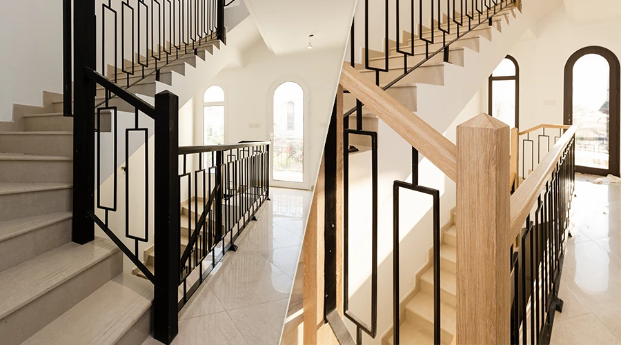 Porównanie klatki schodowej przed i po renowacji z użyciem folii architektonicznych. Po lewej stronie widoczne klasyczne schody z jasnym wykończeniem i prostą balustradą. Po prawej stronie efekt metamorfozy – eleganckie połączenie czarnych elementów metalowych z dekoracyjnym drewnem o naturalnym usłojeniu. Zastosowanie folii architektonicznych Cover Styl pozwoliło uzyskać nowoczesny, designerski wygląd bez kosztownej wymiany konstrukcji. To przykład zastosowania techniki oklejania powierzchni folią, prezentowanej podczas szkoleń z oklejania wnętrz i elementów architektonicznych.