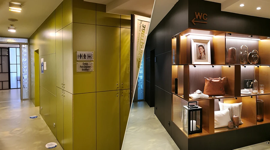 Zdjęcie ukazuje transformację przestrzeni komercyjnej przed i po oklejaniu folią architektoniczną. Po lewej stronie neutralna, jasna przestrzeń bez wyraźnego charakteru. Po prawej stronie efekt renowacji – intensywna, oliwkowo-zielona zabudowa o matowym wykończeniu, która nadaje wnętrzu nowoczesny i odważny styl. Dzięki zastosowaniu folii do mebli i ścian możliwe było szybkie stworzenie spójnej aranżacji wizualnej. Metamorfoza pokazuje potencjał oklejania powierzchni folią omawiany podczas webinarów i szkoleń z folii architektonicznych.