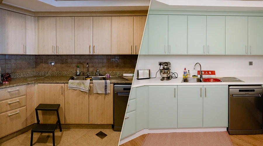 Porównanie kuchni przed i po renowacji przy użyciu folii Cover Styl. Po lewej stronie widoczna klasyczna zabudowa kuchenna w jasnym drewnie o tradycyjnym charakterze. Po prawej stronie efekt metamorfozy – nowoczesne fronty w delikatnym, pastelowym odcieniu mięty z matowym wykończeniem. Dzięki technice oklejania kuchni folią uzyskano świeży, lekki wygląd wnętrza bez wymiany mebli. To przykład praktycznego zastosowania folii do mebli prezentowany podczas szkoleń i webinarów z renowacji mebli folią.