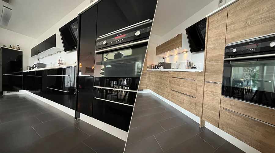 Kuchnia przed i po – po lewej standardowa zabudowa, po prawej elegancka kuchnia z czarnymi, połyskującymi frontami i akcentem drewna. Zastosowanie folii architektonicznych Cover Styl nadało wnętrzu luksusowy i nowoczesny charakter. Przykład profesjonalnego oklejania kuchni folią oraz możliwości jakie daje szkolenie oklejanie mebli i webinar z technik aplikacji.