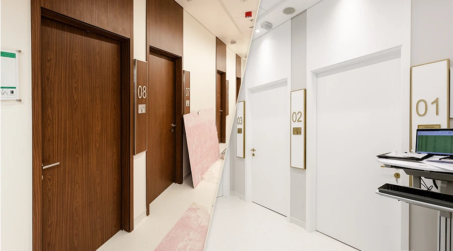 Drzwi przed i po zmianie – po lewej klasyczne drzwi w ciemnym drewnie, po prawej nowoczesne, białe drzwi o minimalistycznym wykończeniu. Efekt osiągnięty dzięki oklejaniu drzwi folią Cover Styl. Metamorfoza podkreśla jak folie architektoniczne mogą odmienić przestrzeń biurową lub mieszkalną.