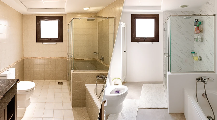 Łazienka przed i po renowacji – po lewej klasyczne beżowe płytki i zabudowa, po prawej jasna, nowoczesna przestrzeń w odcieniach bieli i marmuru. Zastosowanie folii architektonicznych pozwoliło uzyskać świeży i czysty wygląd bez skuwania płytek. Idealny przykład na renowację mebli folią i wykorzystanie folii do szybkiej metamorfozy wnętrza.