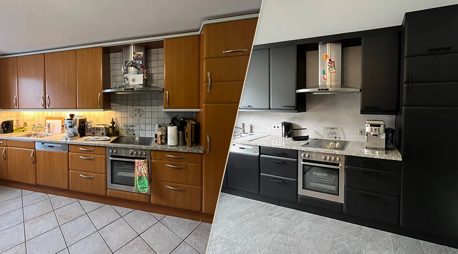 Zestawienie kuchni przed i po – po lewej tradycyjna zabudowa w ciepłym odcieniu drewna, po prawej nowoczesne połączenie czarnych, matowych frontów z jasnym blatem. Efekt osiągnięty dzięki oklejaniu mebli folią Cover Styl. Metamorfoza podkreśla możliwości jakie dają folie do mebli oraz szkolenie z oklejania mebli dla osób chcących wykonywać takie realizacje.