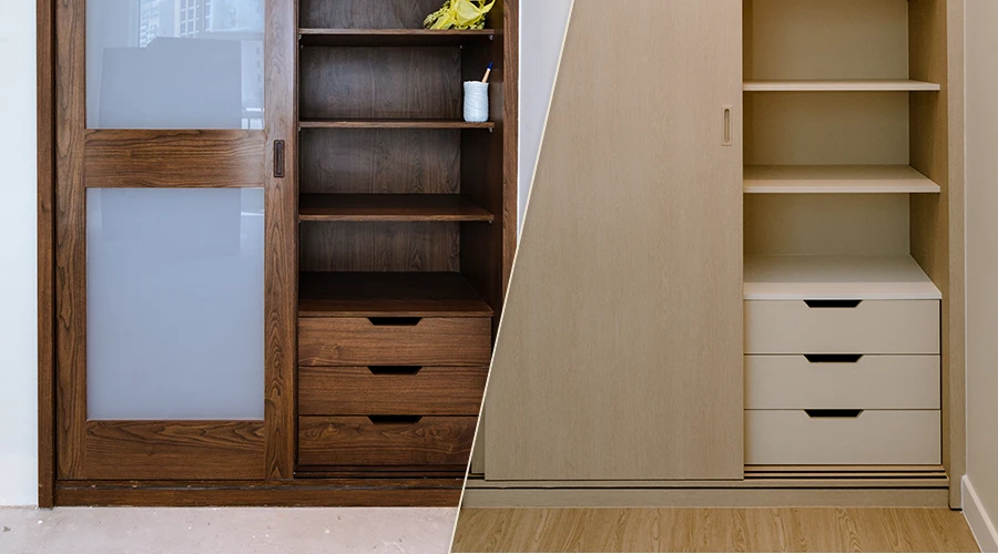 Szafa przed i po renowacji – po lewej klasyczna drewniana zabudowa z półkami i szufladami w ciemnym odcieniu, po prawej nowoczesna, jasna szafa w kolorze beżowym z minimalistycznymi frontami. Efekt uzyskany dzięki zastosowaniu folii architektonicznych Cover Styl, które nadały meblowi elegancki, współczesny wygląd bez wymiany. Idealny przykład na oklejanie mebli folią, renowację mebli folią oraz zmianę stylu wnętrza poprzez folie do mebli.