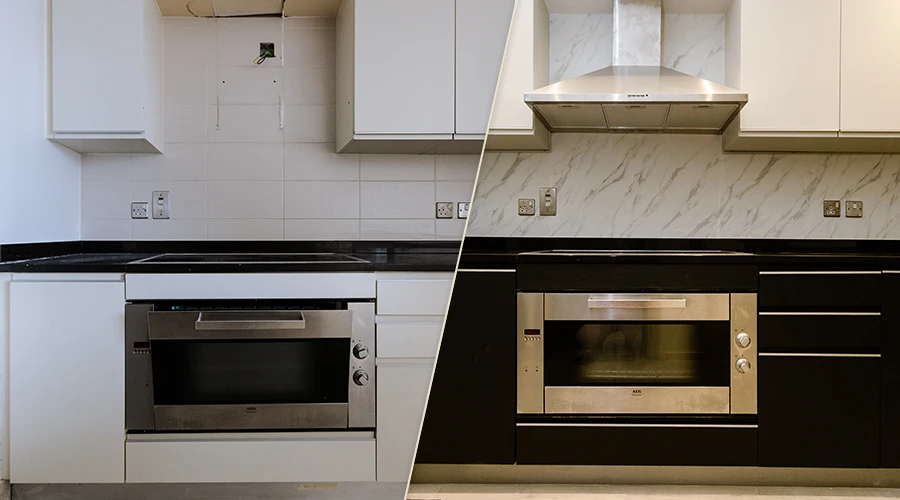 Kuchnia przed i po transformacji – po lewej jasna, jednolita zabudowa, po prawej nowoczesna kompozycja z czarnymi dolnymi frontami i białą górą oraz marmurowym akcentem na ścianie. Efekt osiągnięty dzięki foliom architektonicznym, które umożliwiają szybką i efektowną renowację kuchni folią bez generalnego remontu.