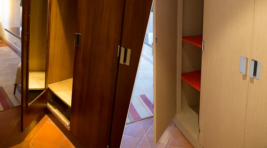 Szafa przed i po zmianie – po lewej klasyczne drewniane wnętrze, po prawej odświeżona zabudowa z jasnymi frontami i czerwonymi półkami. Efekt uzyskany dzięki foliom do mebli, które pozwalają na pełną personalizację przestrzeni. Świetny przykład na oklejanie mebli folią i kreatywne wykorzystanie kolorów.