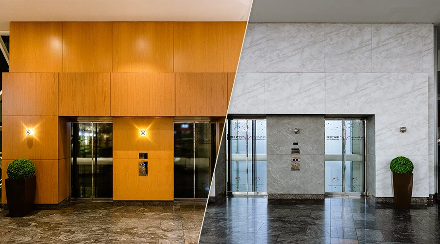 Lobby budynku przed i po metamorfozie – po lewej intensywna pomarańczowa zabudowa, po prawej nowoczesne wykończenie w stylu betonu architektonicznego. Zmiana wykonana przy użyciu folii architektonicznych, które nadały przestrzeni elegancki, minimalistyczny charakter. Doskonały przykład na renowację powierzchni folią oraz zastosowanie w przestrzeniach publicznych.