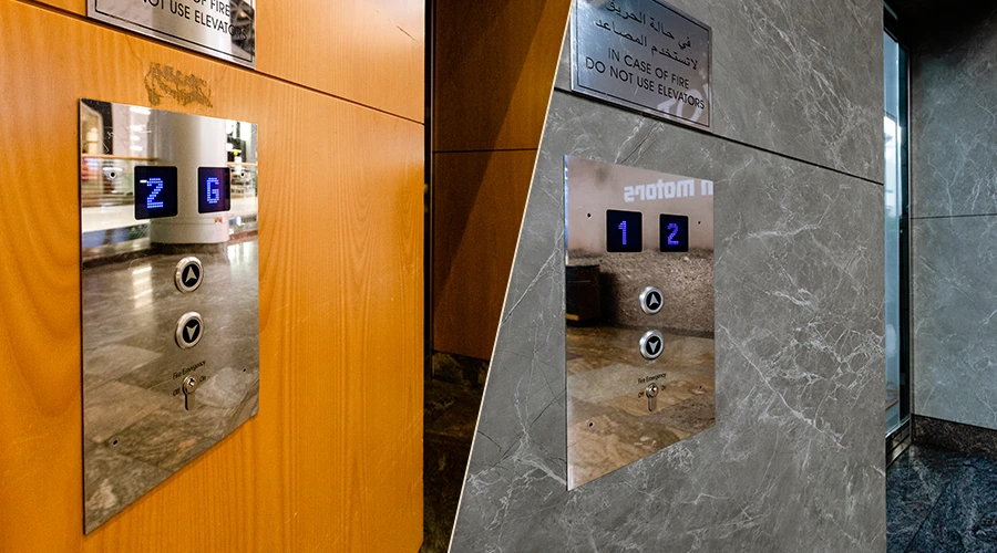 Panel windy przed i po renowacji – po lewej powierzchnia w ciepłym, drewnianym odcieniu, po prawej elegancka okładzina imitująca szary kamień. Dzięki zastosowaniu folii architektonicznych Cover Styl uzyskano nowoczesny i luksusowy efekt bez wymiany elementów. Idealne zastosowanie dla przestrzeni komercyjnych oraz przykład profesjonalnego oklejania folią.