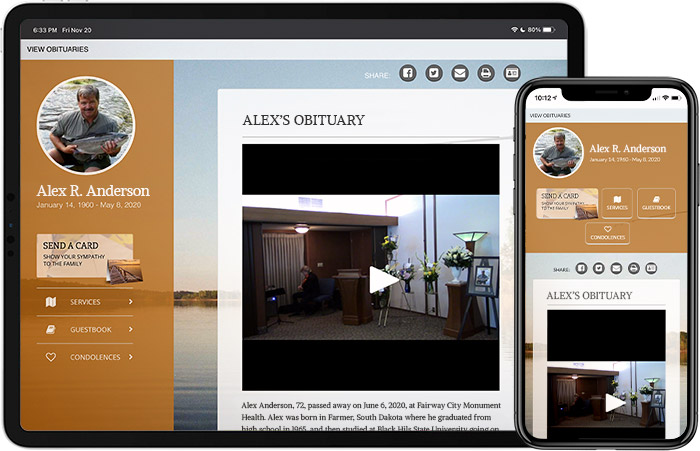 Tablet and phone displaying a funeral livestream on a funeral home obituary page.