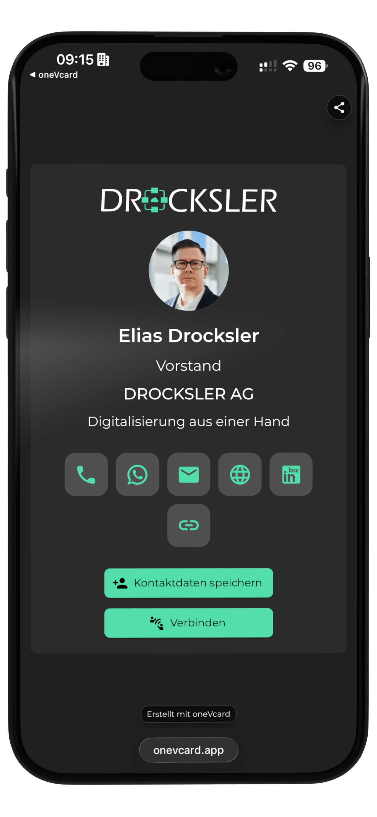 Screenshot of an exemplary digital business card