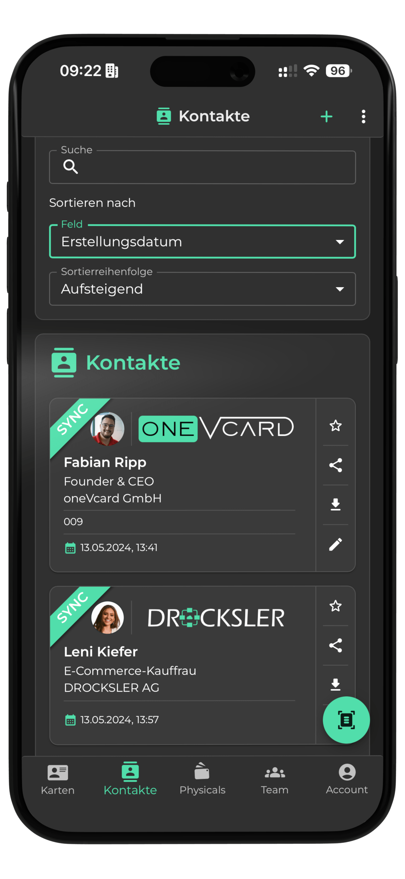 Screenshot of the scanner function within the oneVcard app