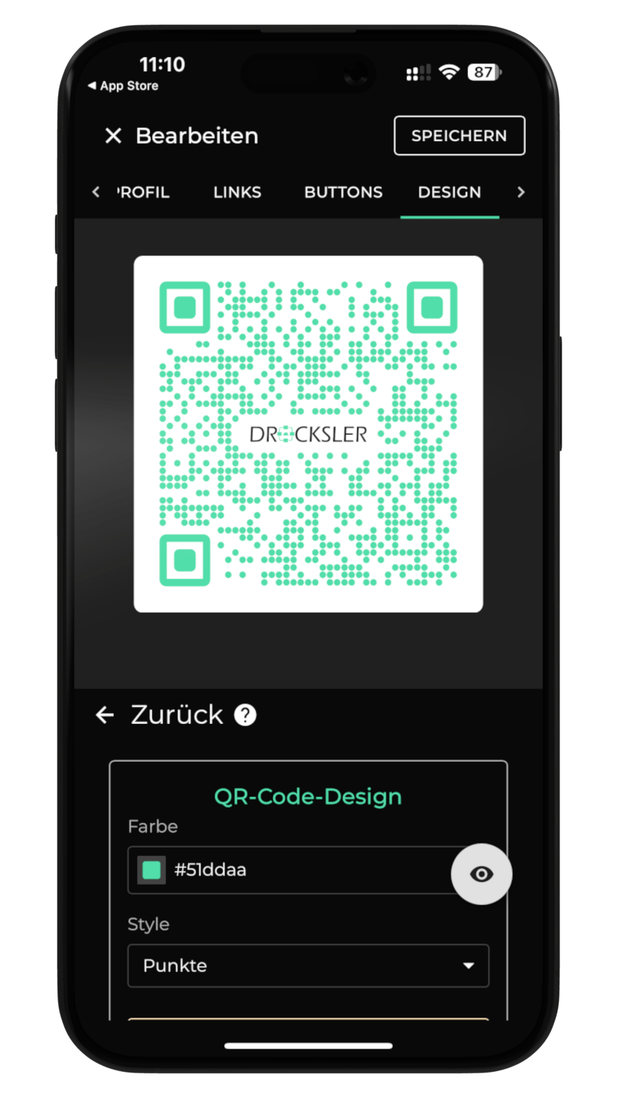 Screenshot of the QR code designer in the oneVcard app