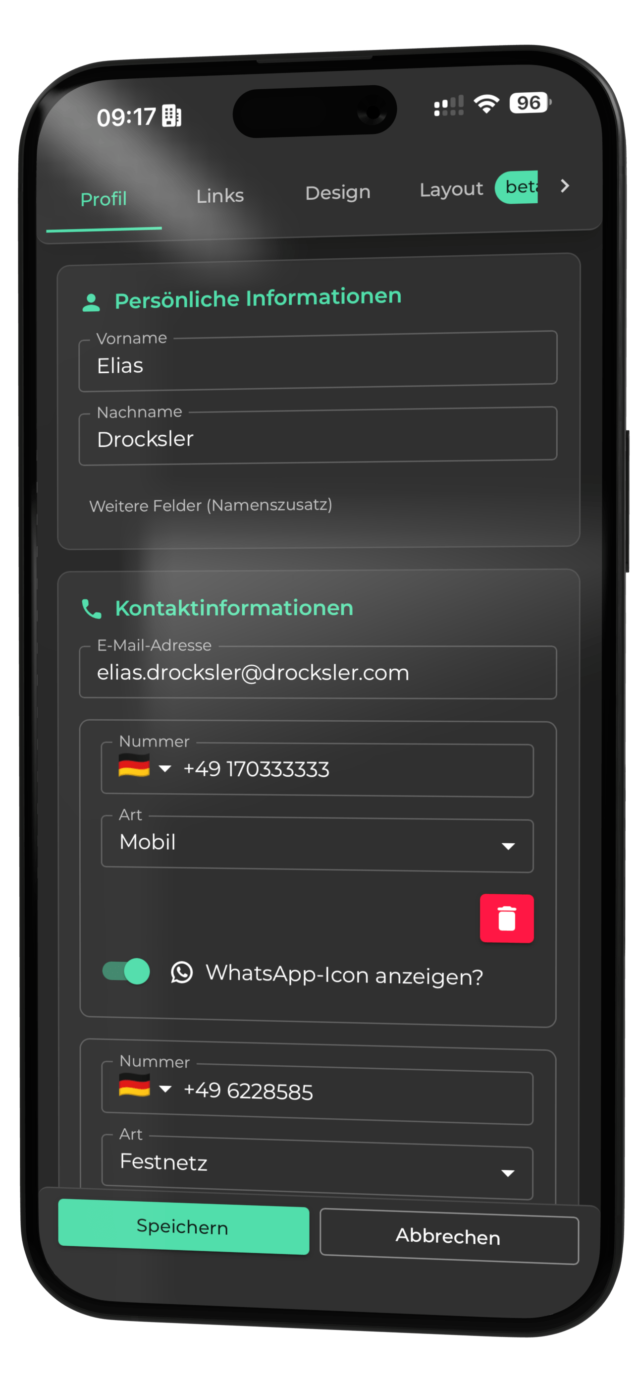 Screenshot shows the entry of contact data in the digital business card
