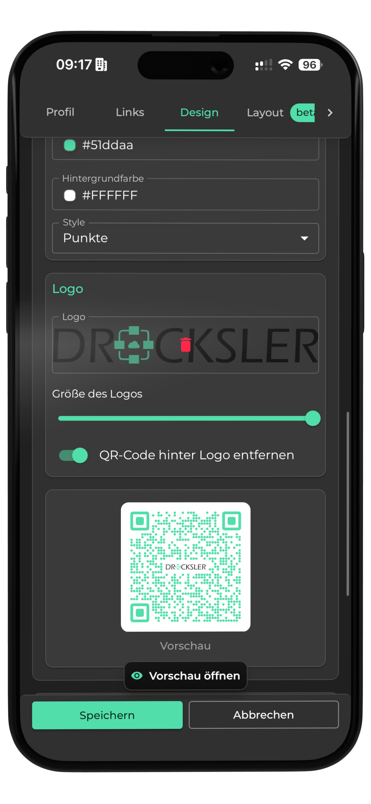 Screenshot of the QR code designer in the oneVcard app