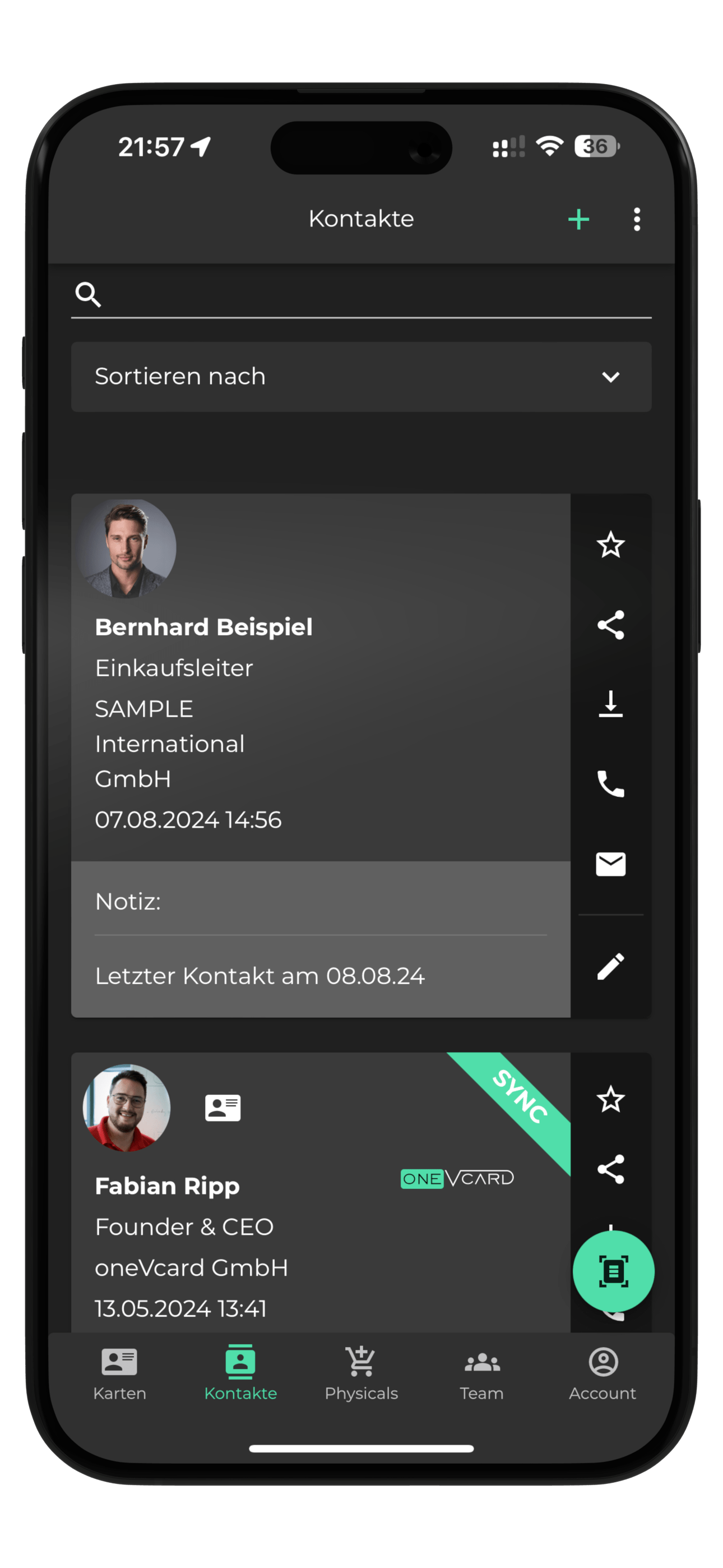 Contact book within the oneVcard app