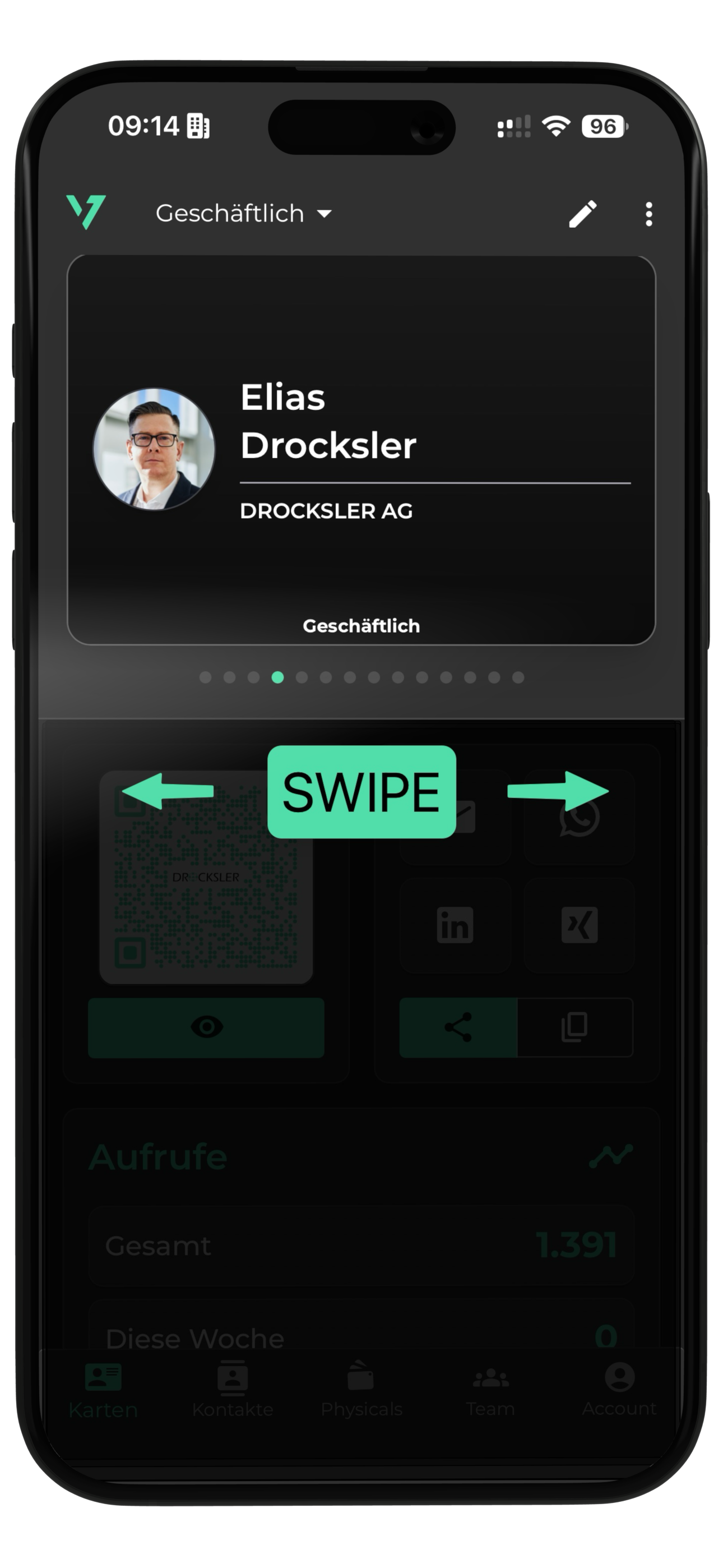 Screenshot shows the selection from several digital business cards