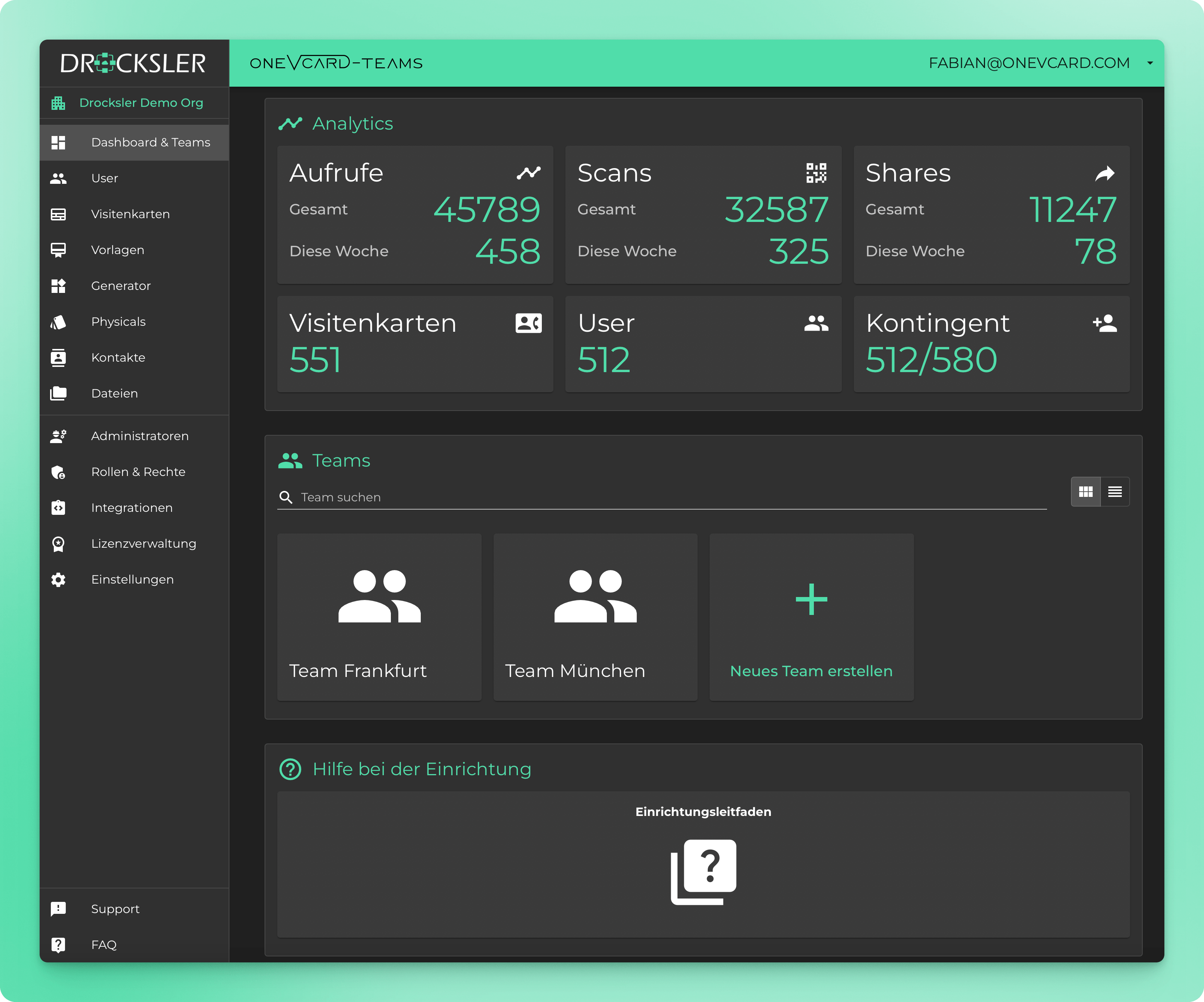 Dashboard of the oneVcard Teams app