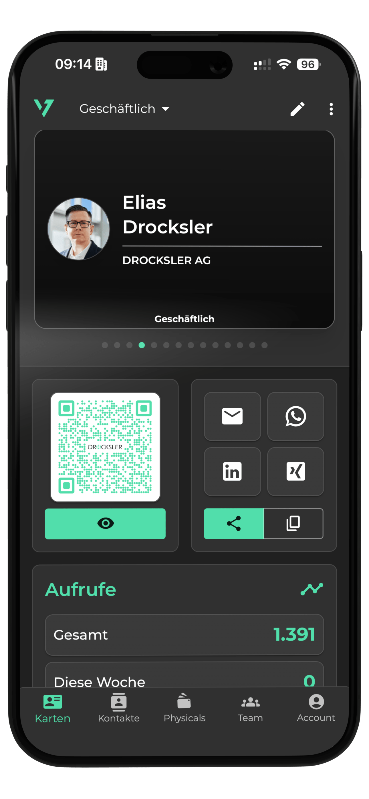 Screenshot of the dashboard of the oneVcard app