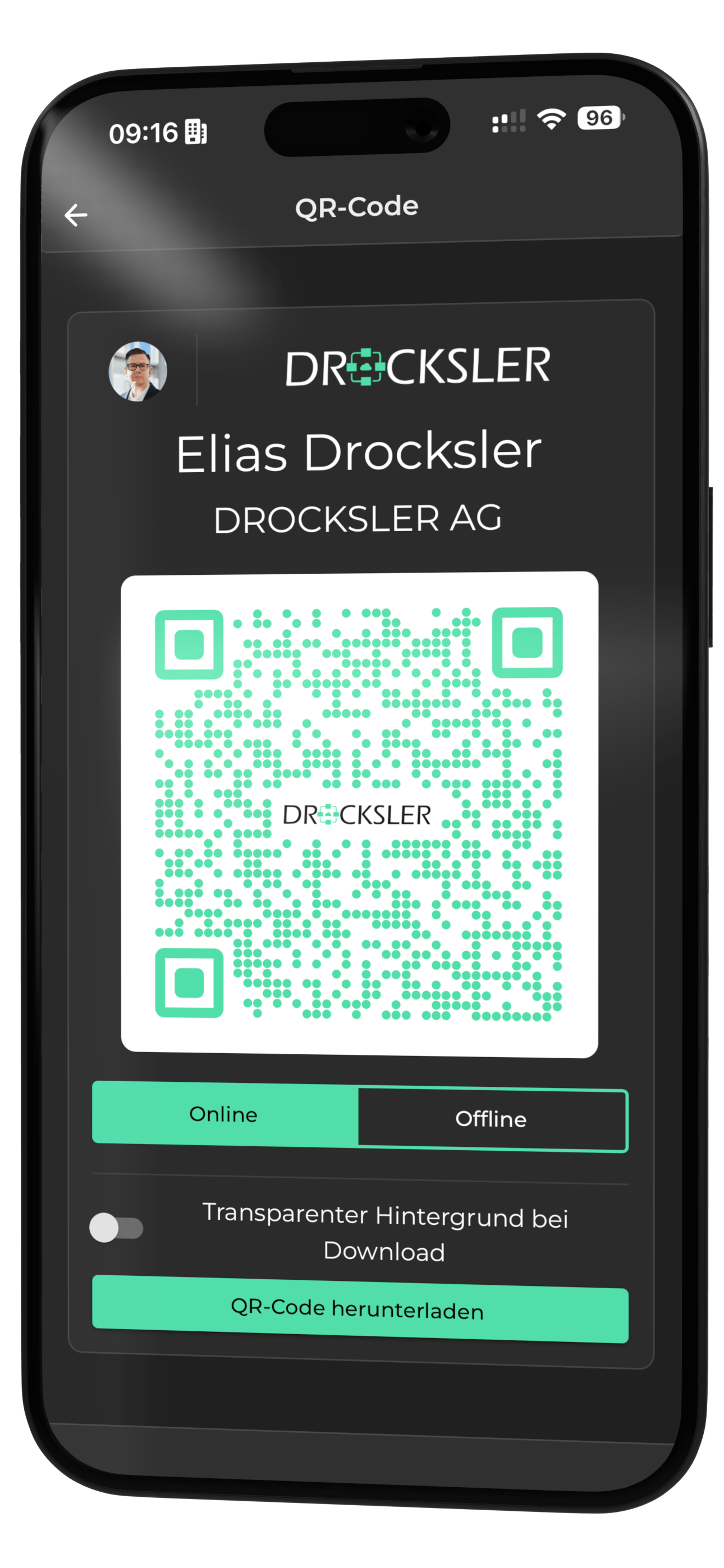 Screenshot: Einfaches Teilen mit der oneVcard App der digitalen Visitenkarte