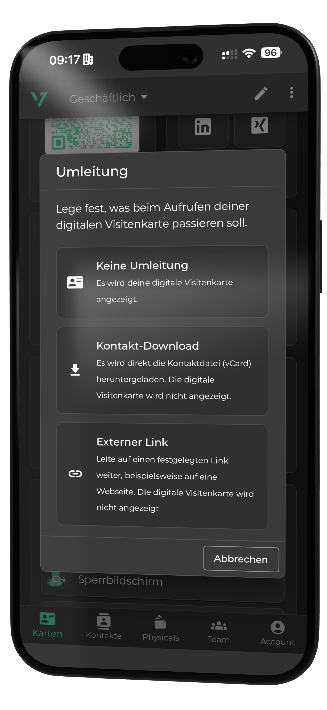 Screenshot shows the redirection from the digital business card to any URL