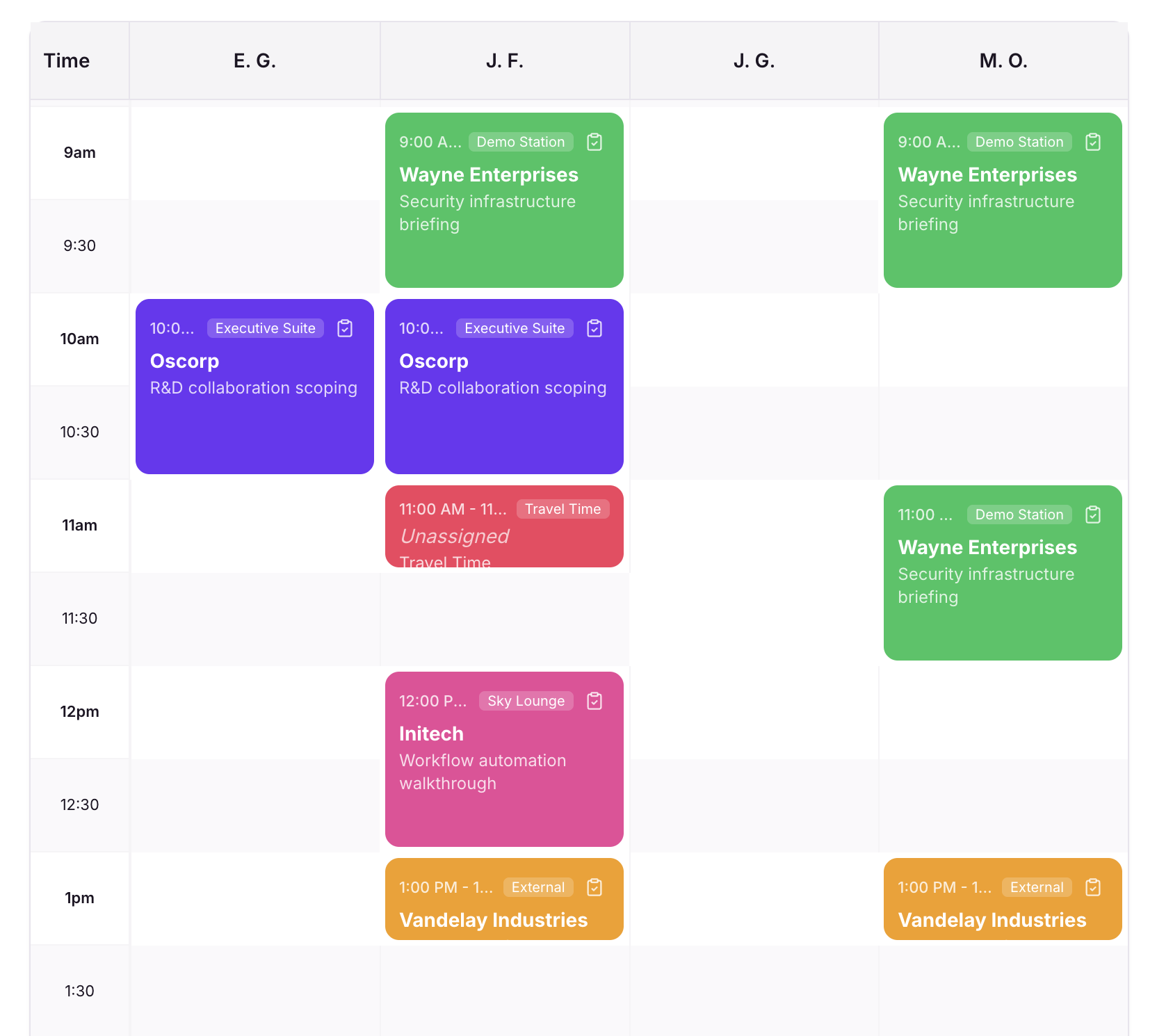 A visual meeting scheduler showing a timeline of color-coded booth meetings across rooms