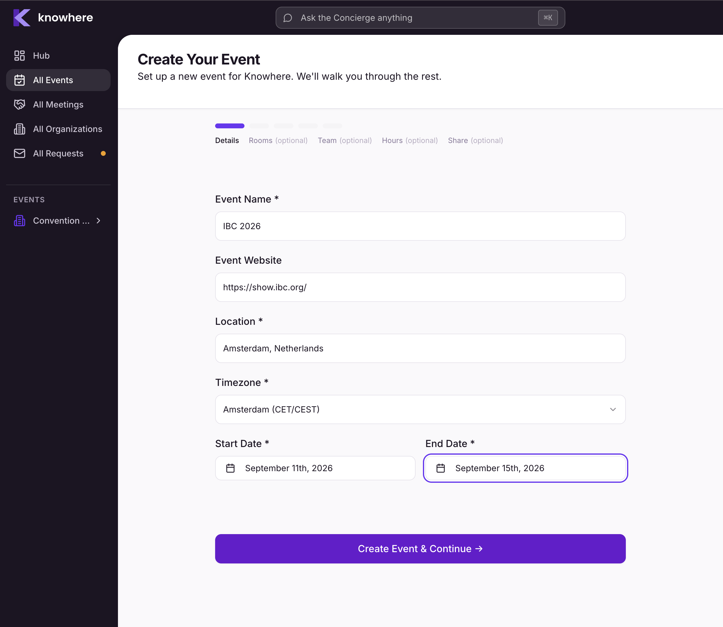 Knowhere guided event setup wizard