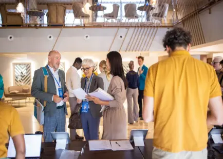 Marketing team coordinating a trade show booth