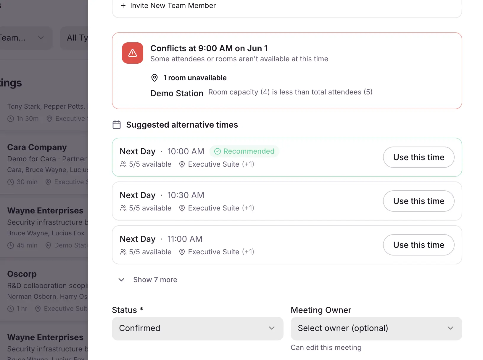 Knowhere conflict detection warning for an overlapping booth meeting