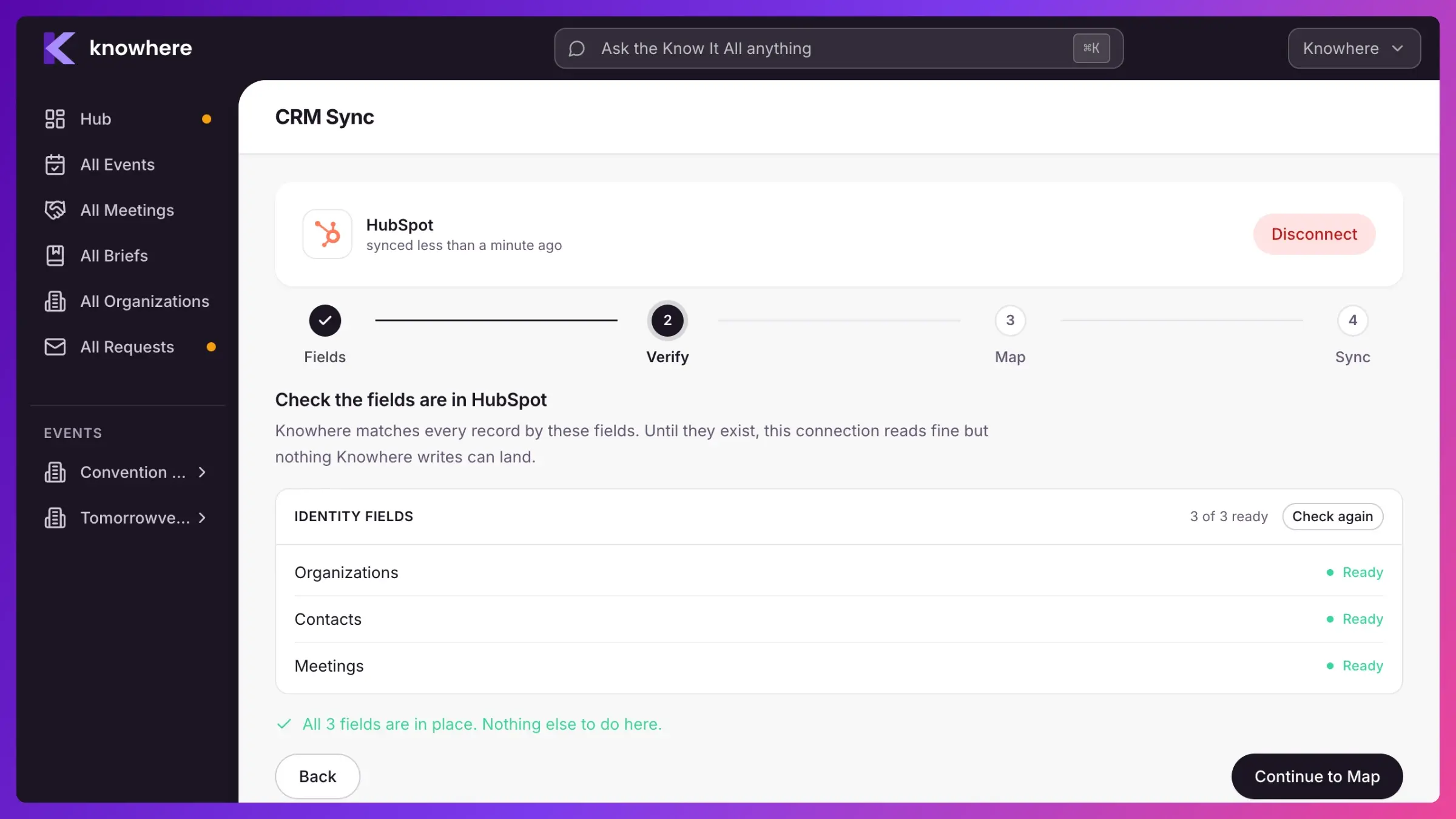 Knowhere CRM Sync view