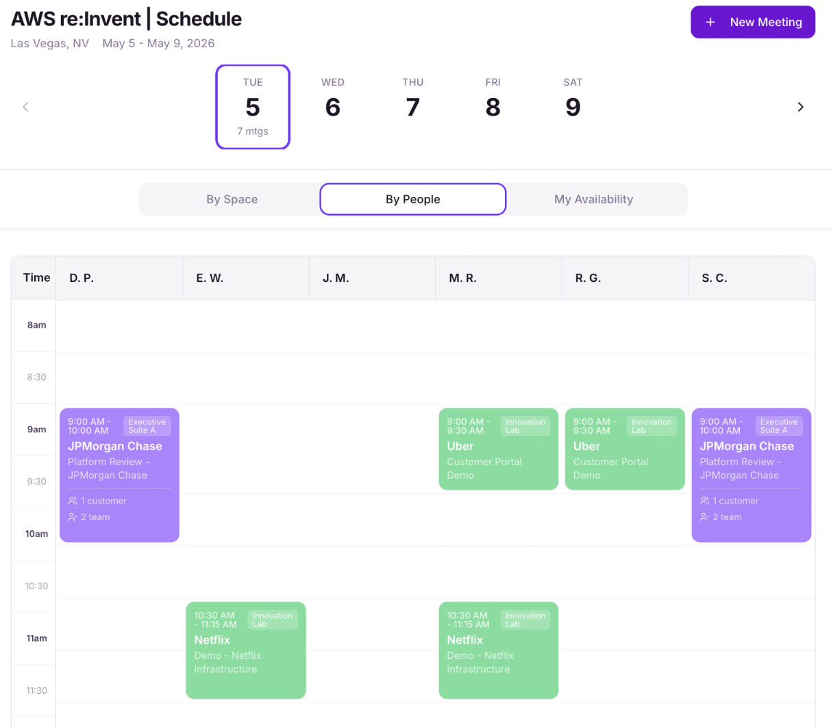 Knowhere visual meeting scheduler showing a timeline view with color-coded meetings across multiple rooms and days