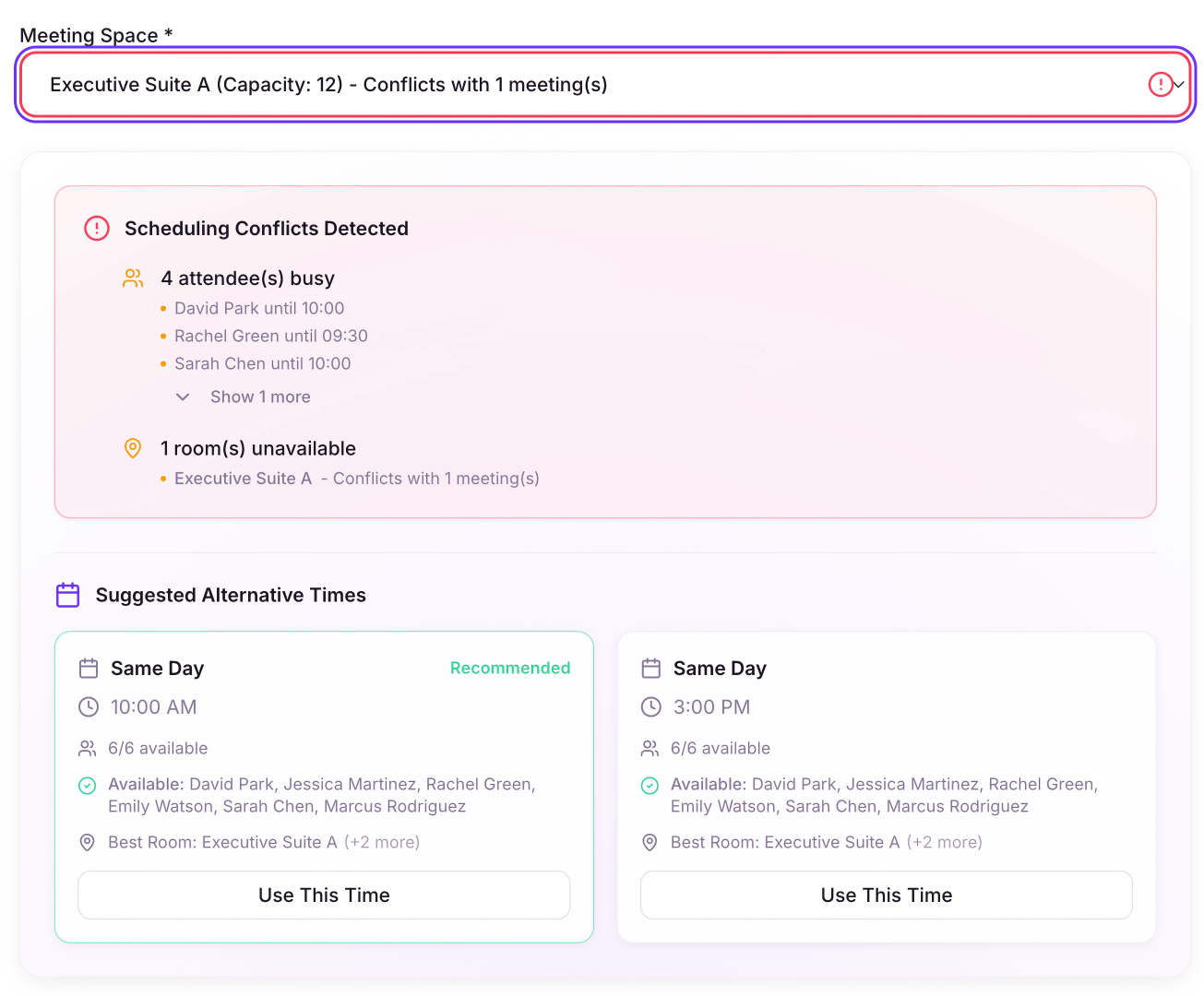 Knowhere conflict detection warning showing a team member scheduled for two overlapping meetings with red highlight