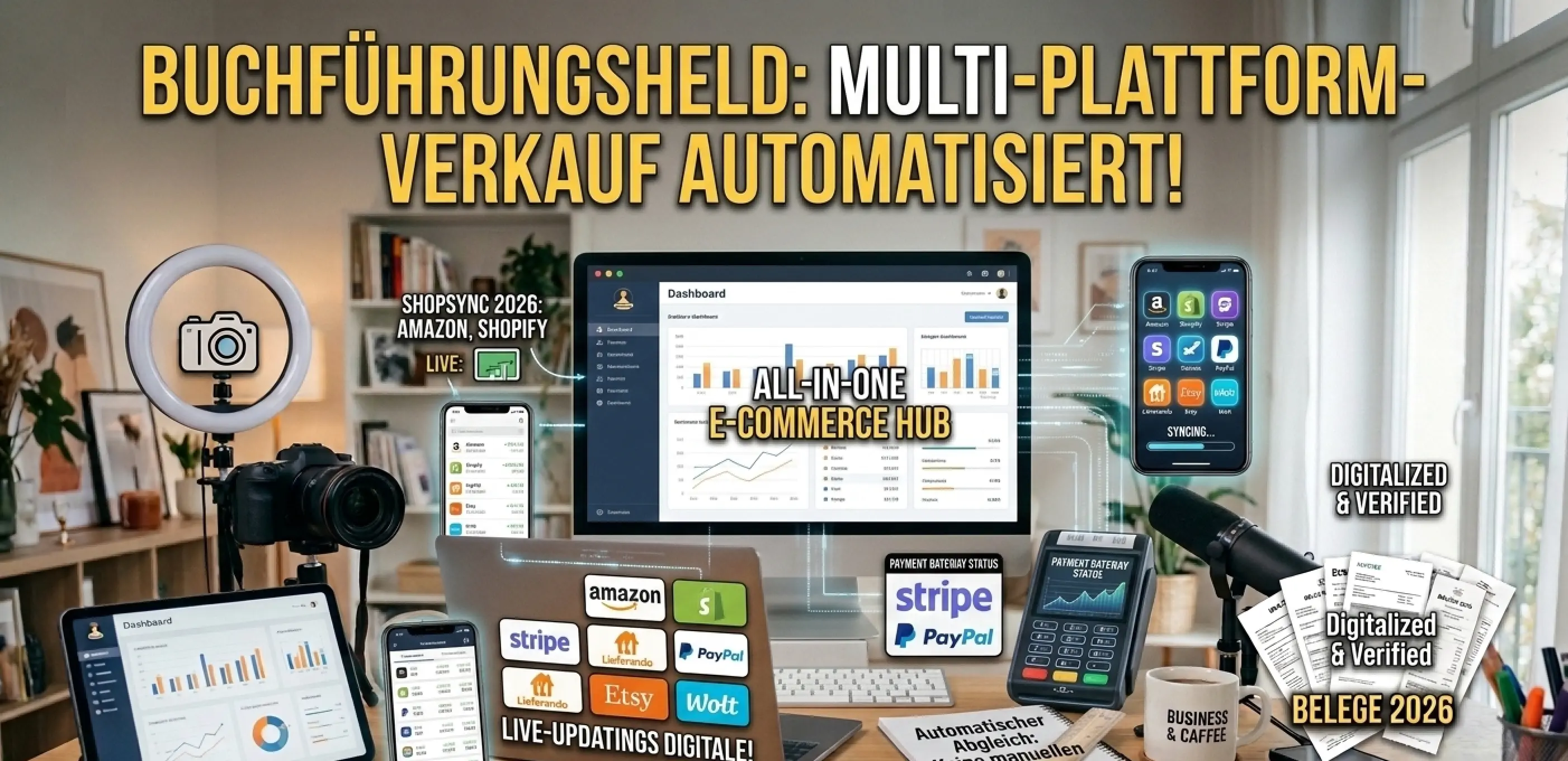 Integriere Shopify, Amazon, Stripe und Paypal in deine Buchhaltung