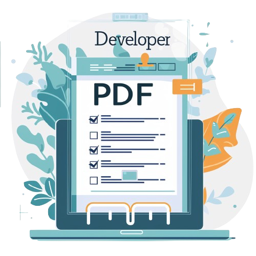An artsy illustration of a PDF report with the word developer on top. The report has checkboxes.