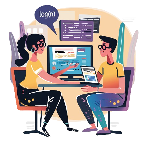 An illustration of an interviewer and a candidate doing a coding challenge.
