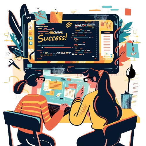 An illustration of an interview setting during the coding challenge part with a screen in the back saying 'success!'.