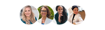 Four circles overlapping, each containing a photo of a smiling professional leadership coach
