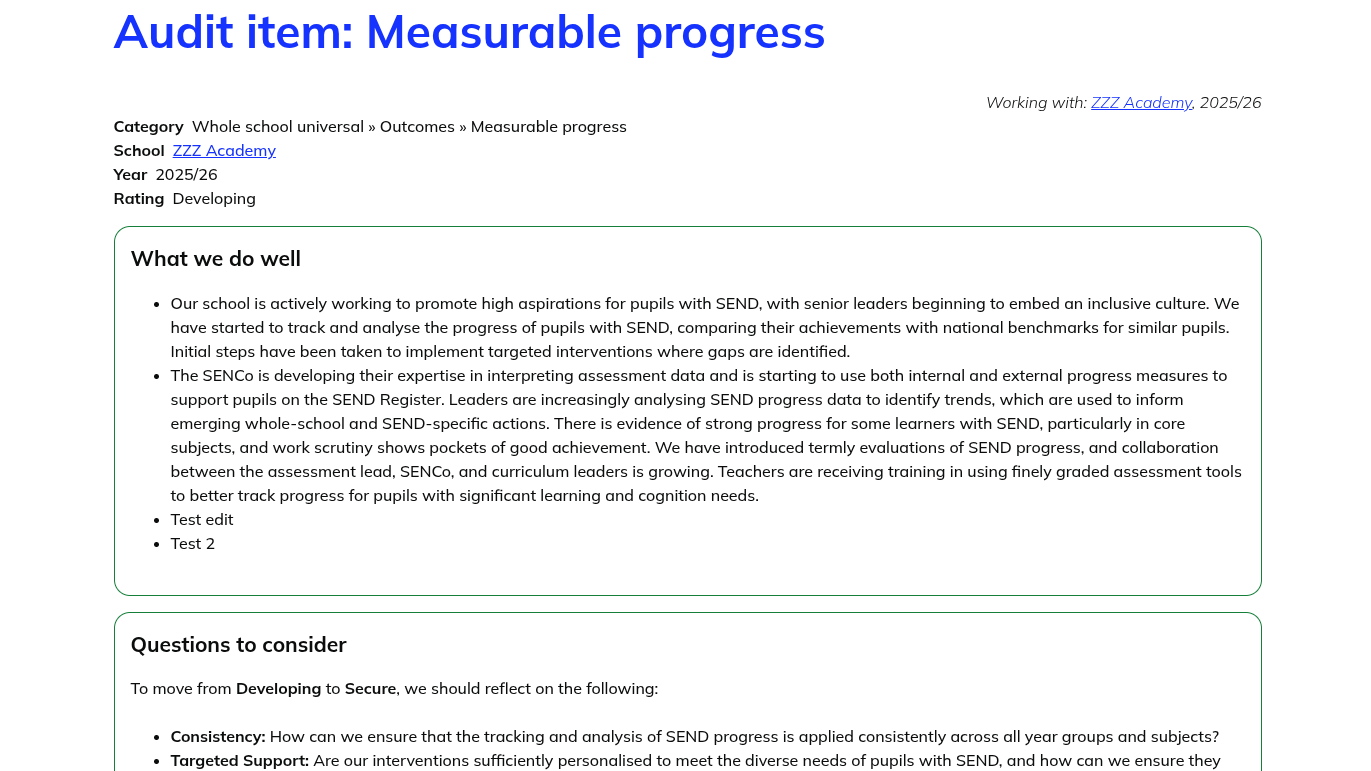 screenshot of audit item page