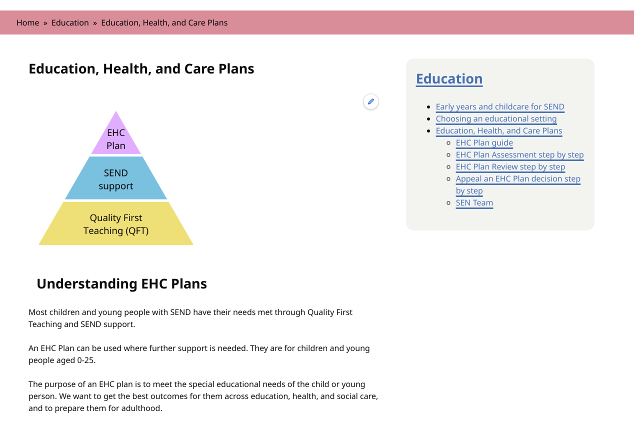 screenshot of general information page about EHC Plans