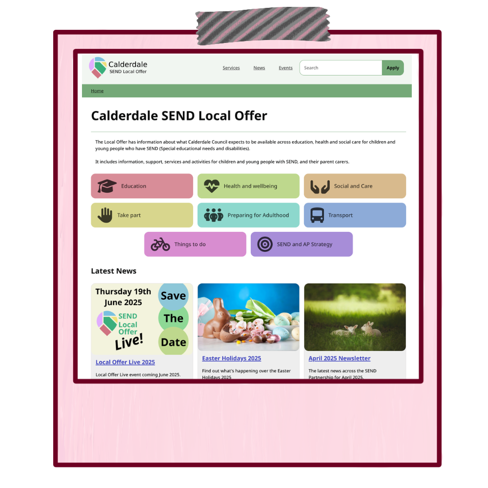 a polaroid photo showing the home page of the Calderdale Local Offer