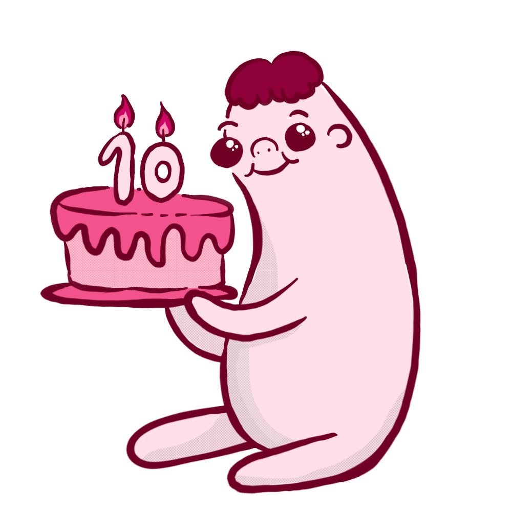 a blob character sitting on the floor holding a cake with candles showing the number 10