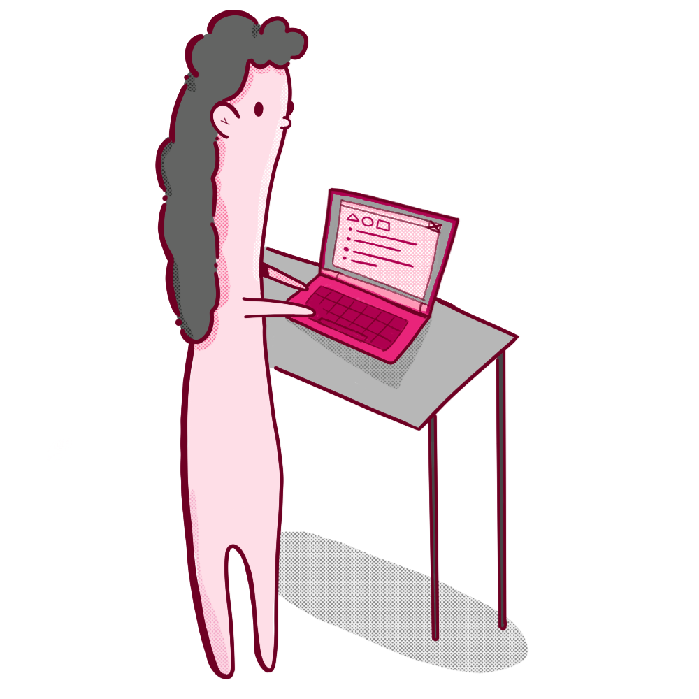 a blob character looking at a laptop