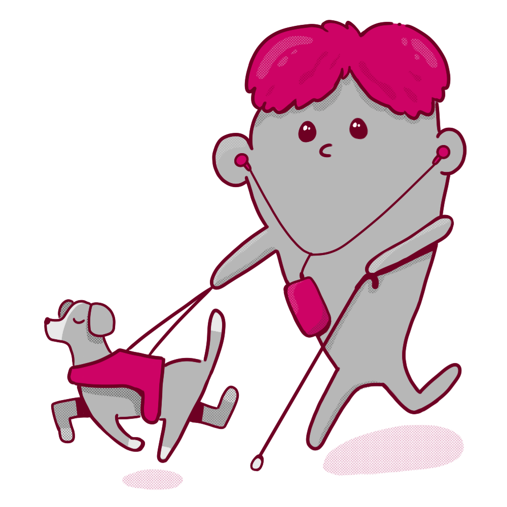 a blob character with hearing device, walking stick and dog