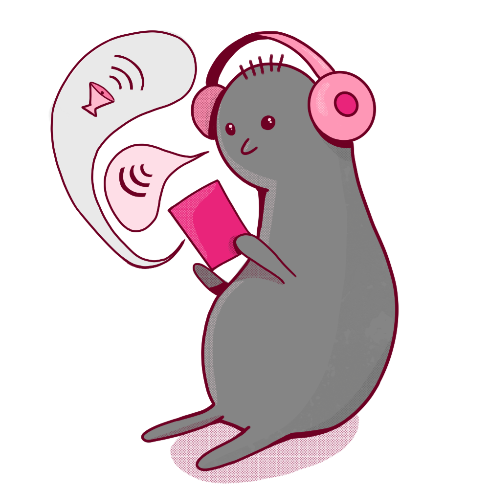 a blob character with headphones talking and listenting to a tablet