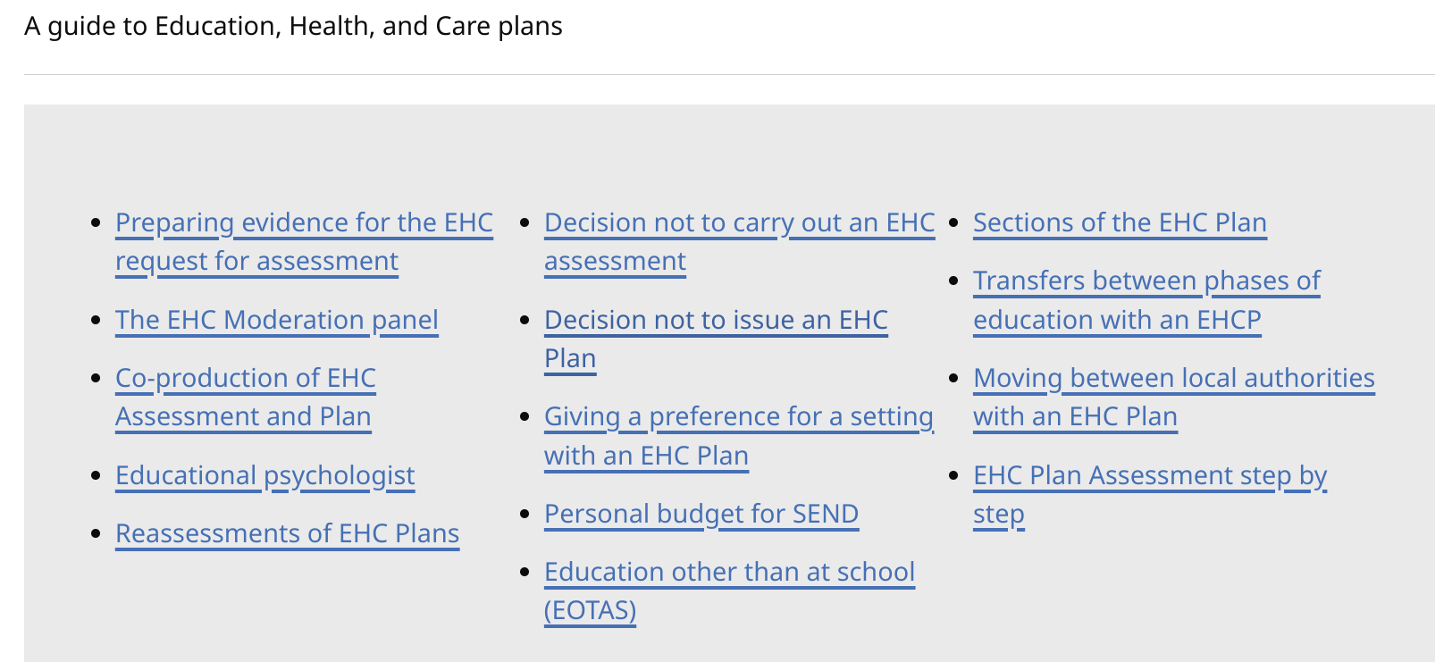 screenshot of guide page  for EHC Plans