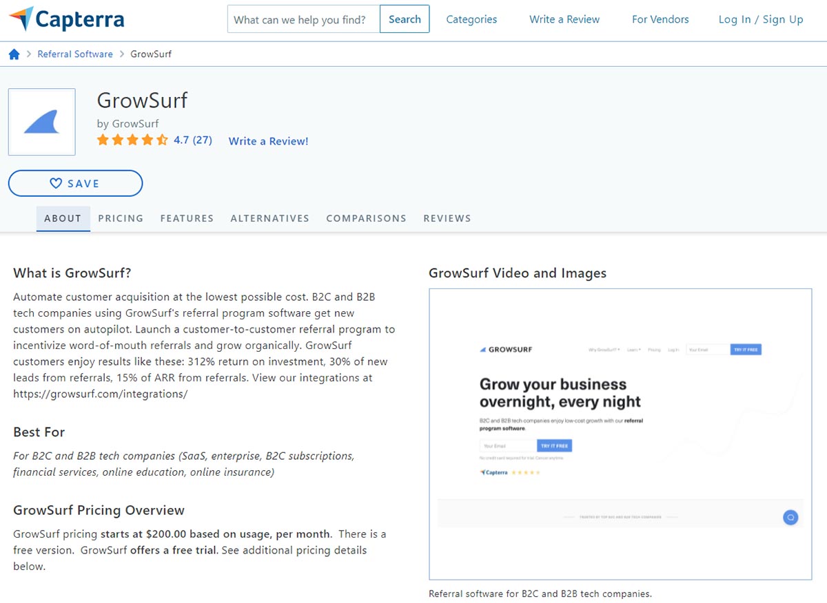 Capterra GrowSurf listing