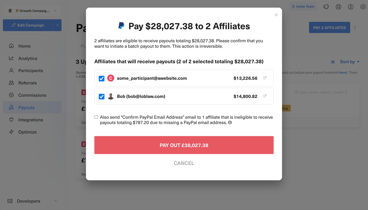 admin payouts section